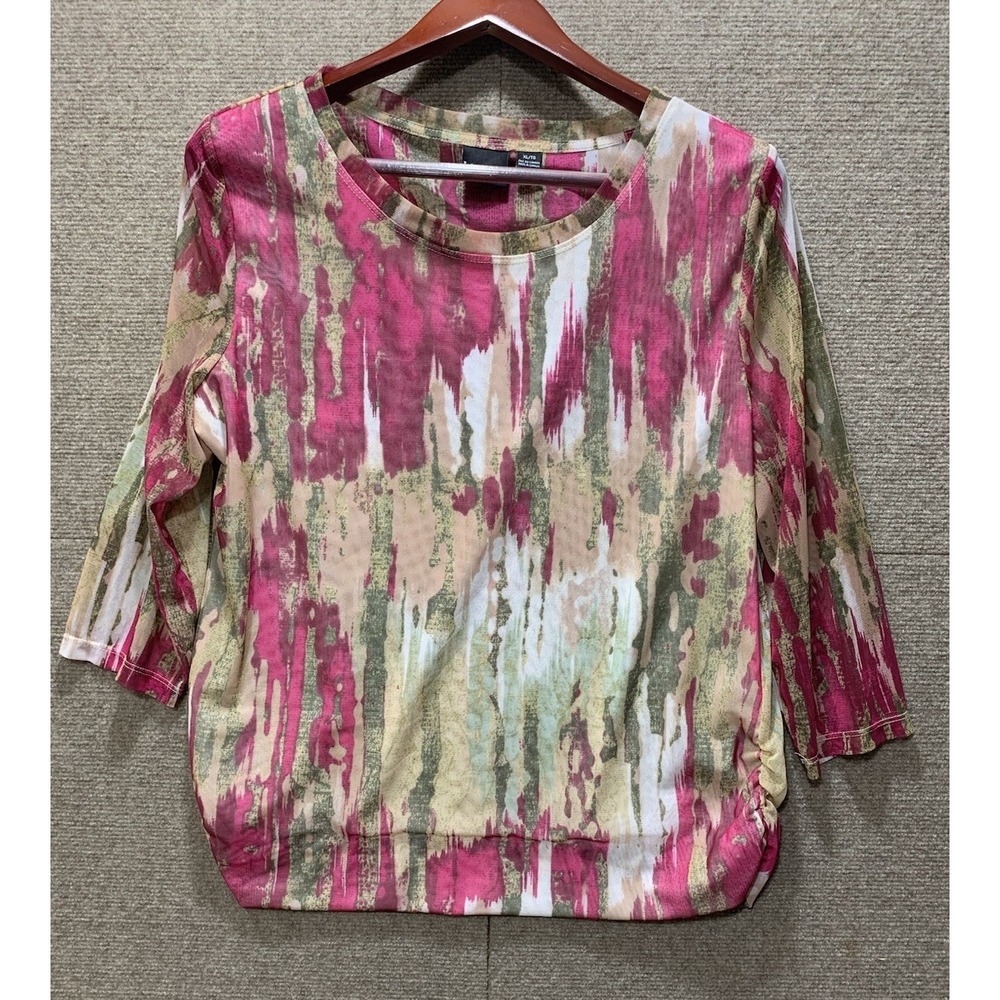 Tribal Pink Art To Wear Women Blouse Boho Chic XL Flowy Long Sleeve Artsy Gauze